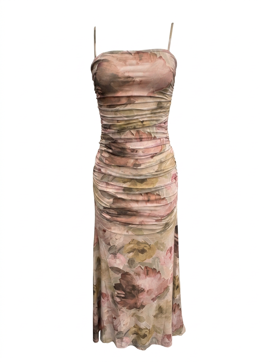 RUCHED FLORAL PRINT SLEEVELESS MAXI DRESS
