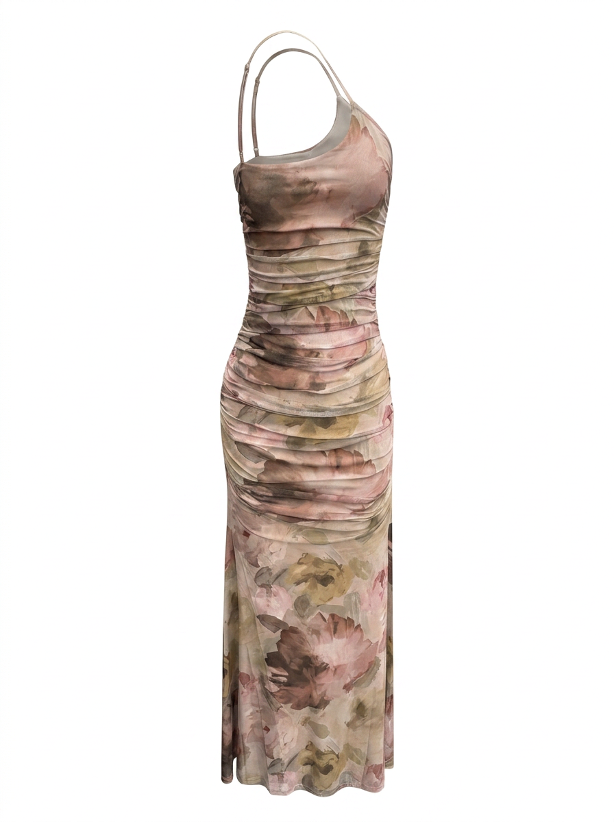 RUCHED FLORAL PRINT SLEEVELESS MAXI DRESS