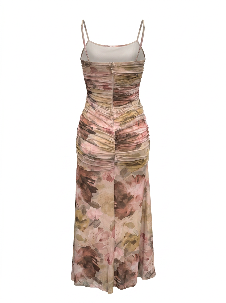 RUCHED FLORAL PRINT SLEEVELESS MAXI DRESS