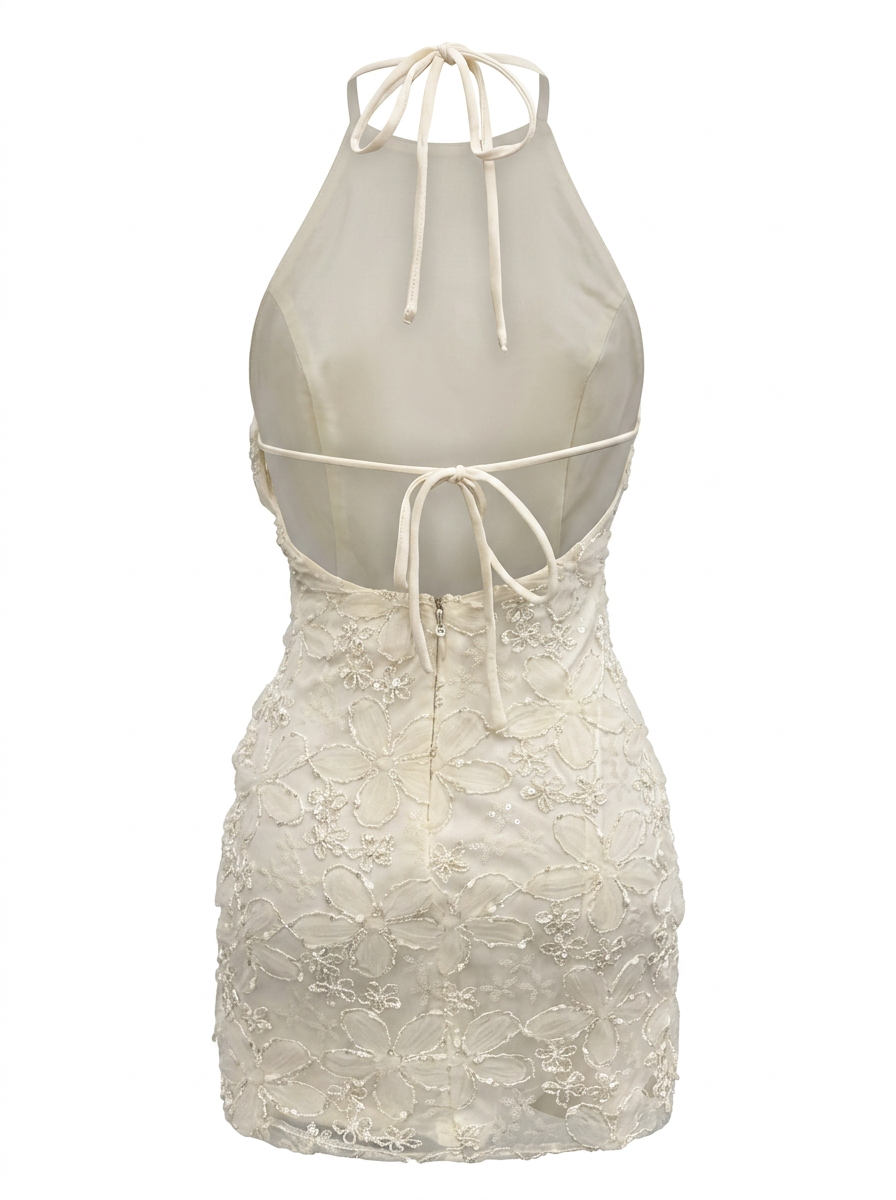 TEXTURED FLORAL MESH HALTER NECK MINI DRESS