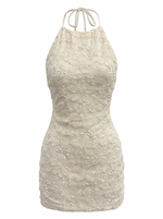 TEXTURED FLORAL MESH HALTER NECK MINI DRESS