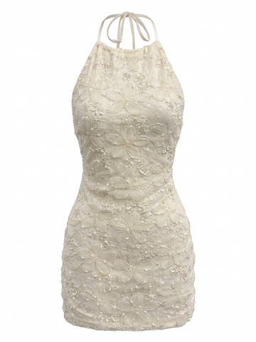 TEXTURED FLORAL MESH HALTER NECK MINI DRESS