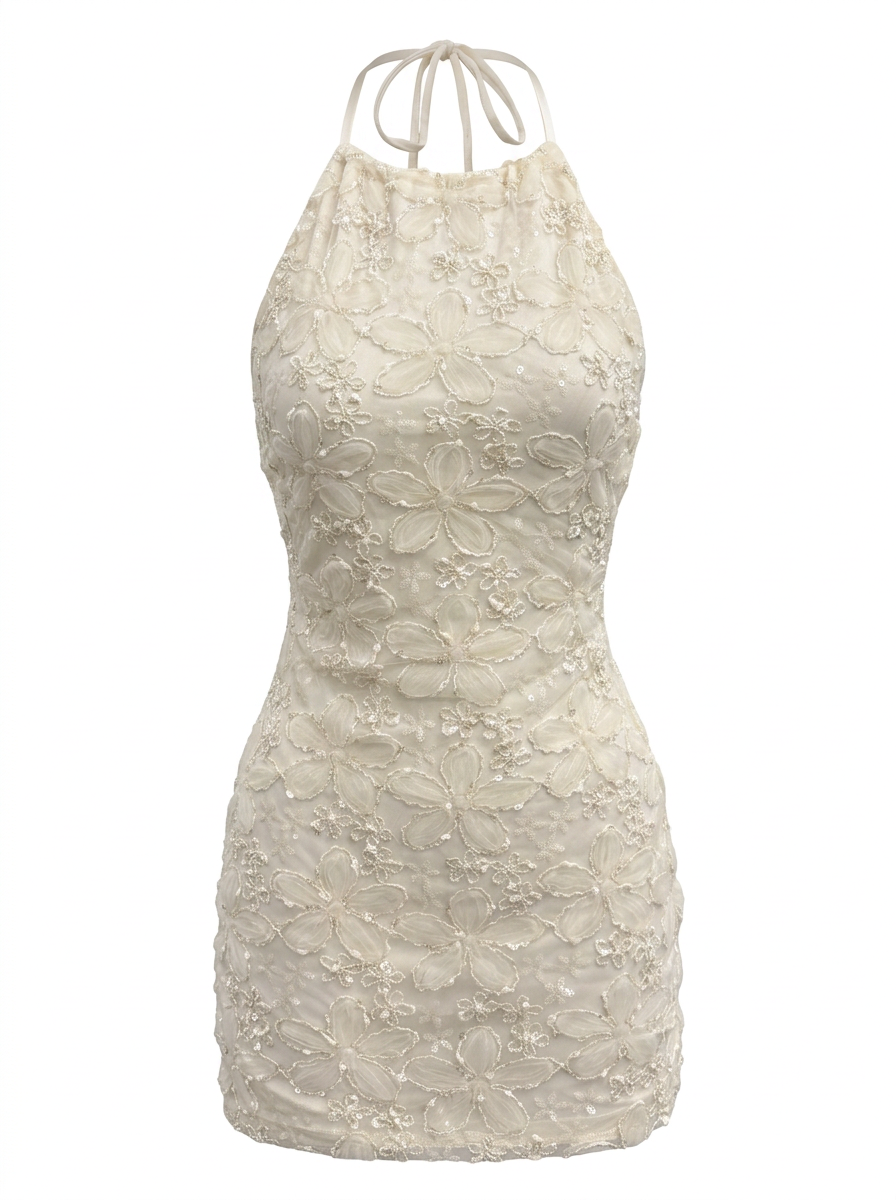TEXTURED FLORAL MESH HALTER NECK MINI DRESS