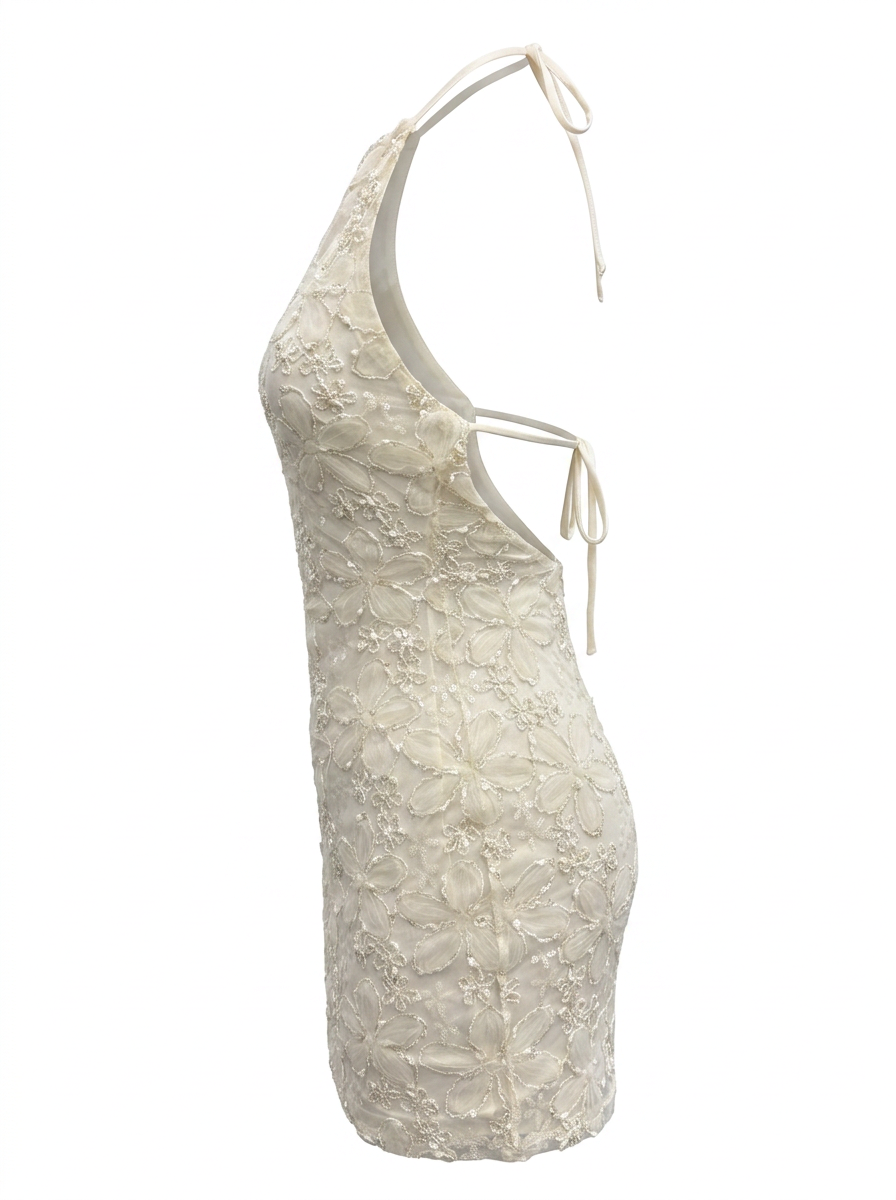 TEXTURED FLORAL MESH HALTER NECK MINI DRESS