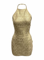 METALLIC FOIL BANDAGE HALTER BODYCON MINI DRESS