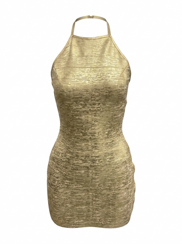 METALLIC FOIL BANDAGE HALTER BODYCON MINI DRESS