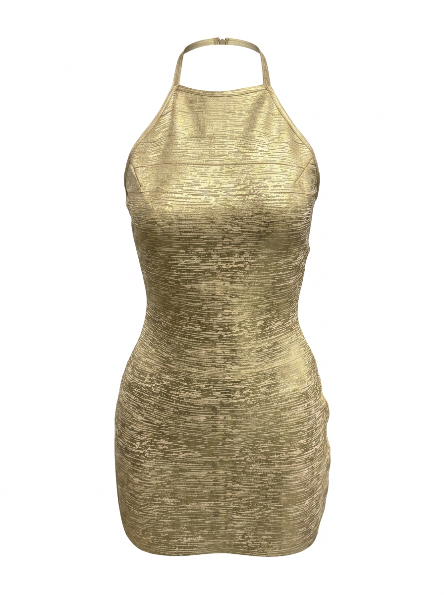 METALLIC FOIL BANDAGE HALTER BODYCON MINI DRESS