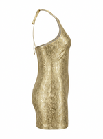 METALLIC FOIL BANDAGE HALTER BODYCON MINI DRESS