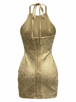 METALLIC FOIL BANDAGE HALTER BODYCON MINI DRESS