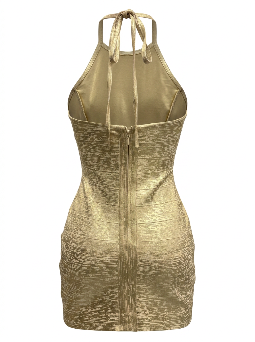 METALLIC FOIL BANDAGE HALTER BODYCON MINI DRESS