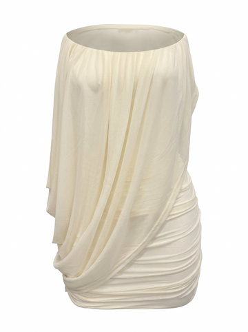 STRAPLESS DRAPED MESH COWL MINI DRESS