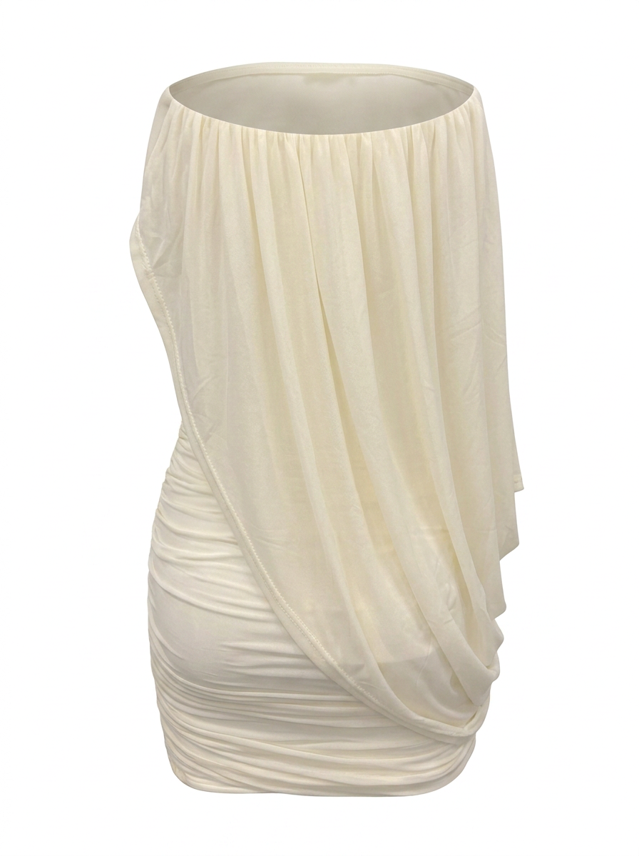 STRAPLESS DRAPED MESH COWL MINI DRESS