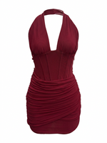 PLUNGE HALTER NECK RUCHED BODYCON MINI DRESS