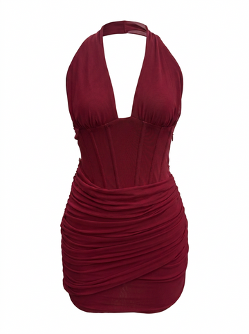 PLUNGE HALTER NECK RUCHED BODYCON MINI DRESS