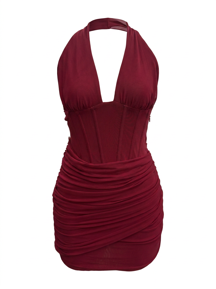 PLUNGE HALTER NECK RUCHED BODYCON MINI DRESS