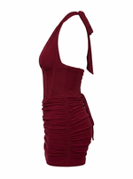 PLUNGE HALTER NECK RUCHED BODYCON MINI DRESS