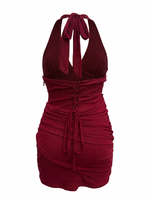 PLUNGE HALTER NECK RUCHED BODYCON MINI DRESS