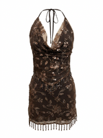BEADED MESH & FRINGE HALTER MINI DRESS