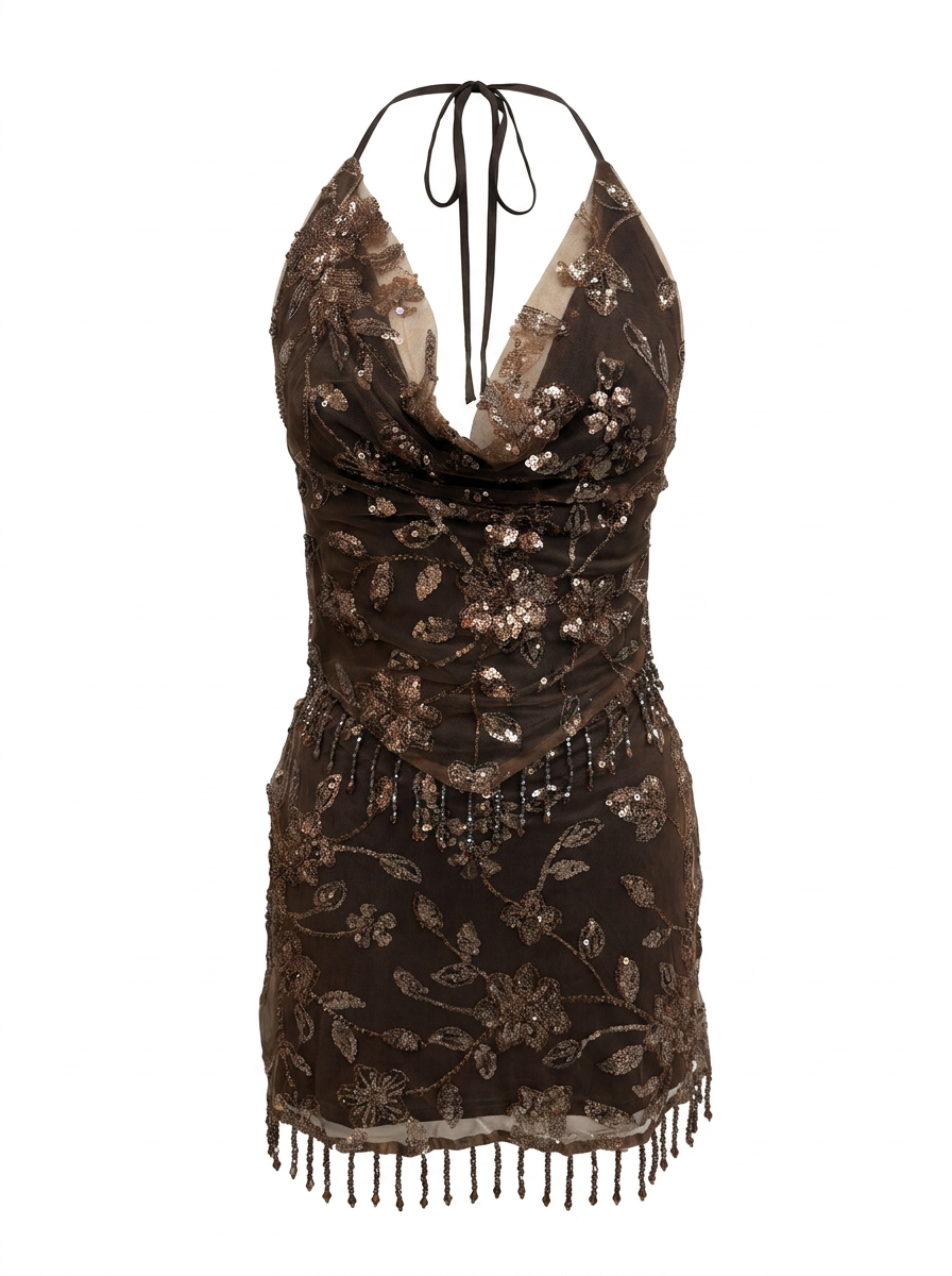 BEADED MESH & FRINGE HALTER MINI DRESS