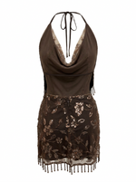BEADED MESH & FRINGE HALTER MINI DRESS