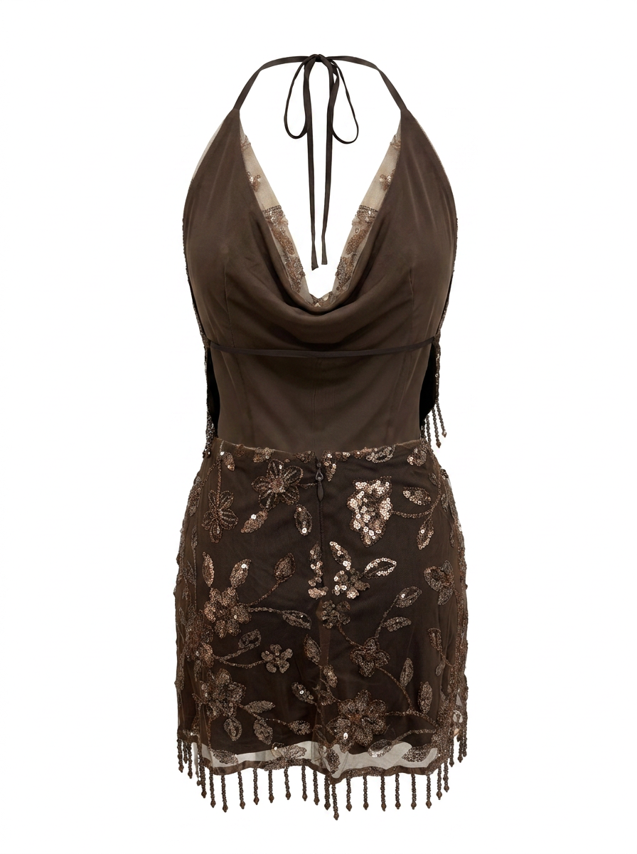 BEADED MESH & FRINGE HALTER MINI DRESS