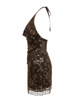 BEADED MESH & FRINGE HALTER MINI DRESS