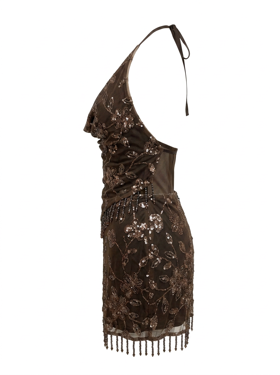 BEADED MESH & FRINGE HALTER MINI DRESS