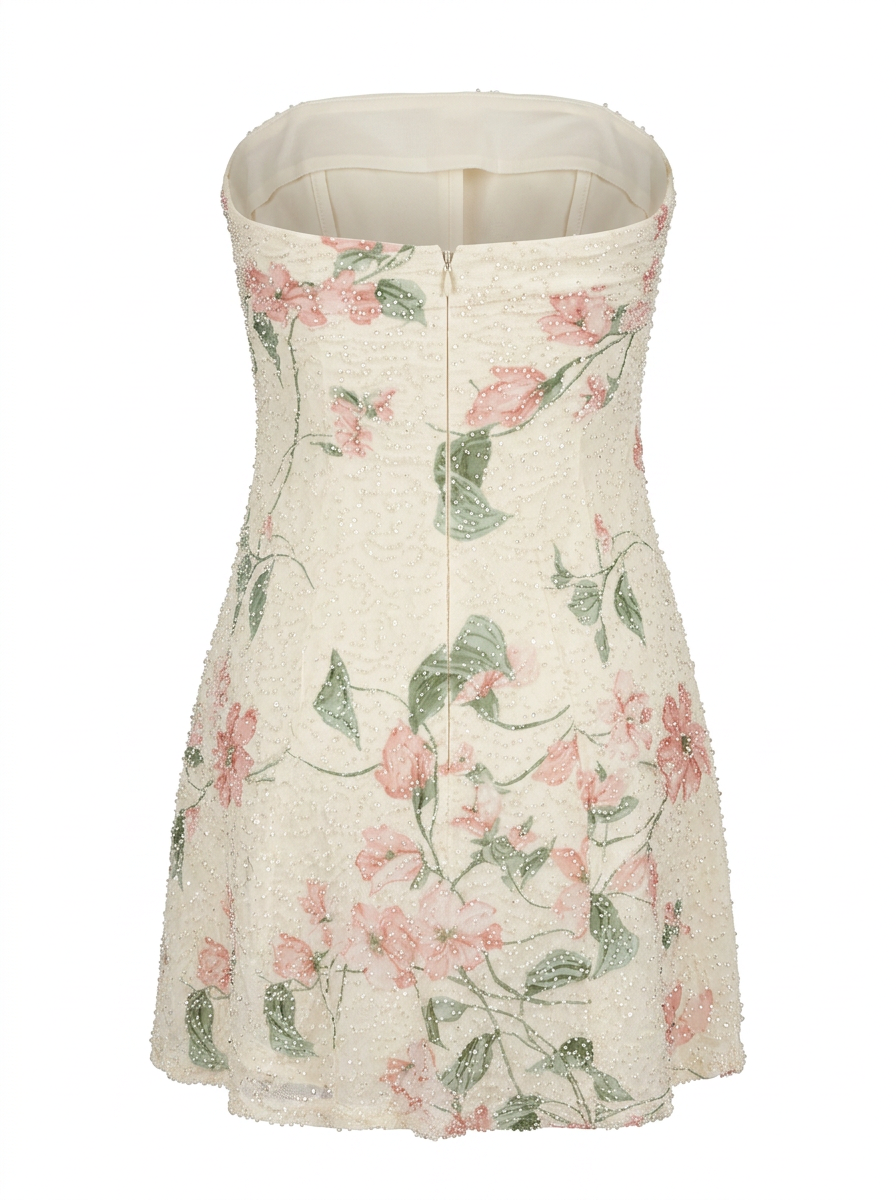 FLORAL BEADS & SEQUINS A LINE STRAPLESS MINI DRESS(8)