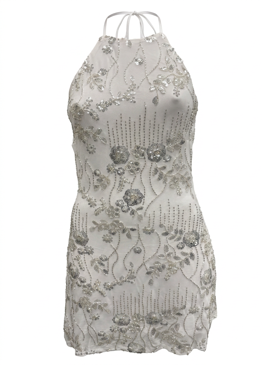 BEADS & SEQUINS HALTER A LINE MINI DRESS