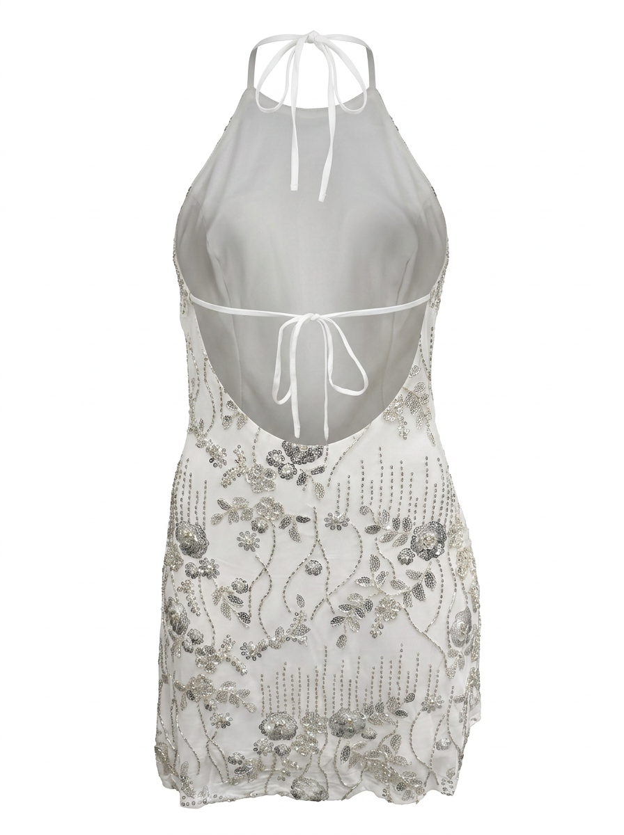 BEADS & SEQUINS HALTER A LINE MINI DRESS