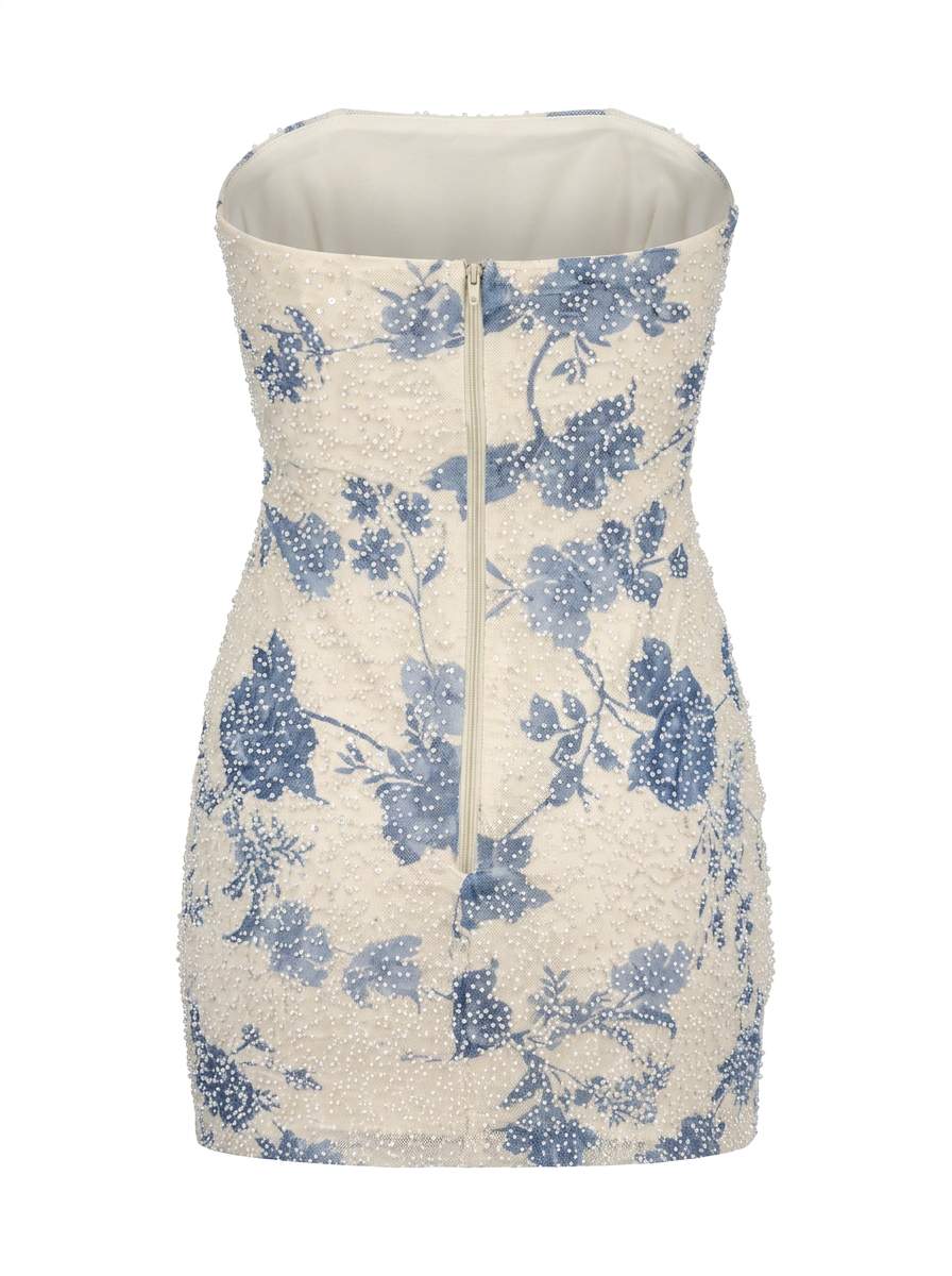 FLORAL BEADING PLEATED BUST BODYCON MINI DRESS