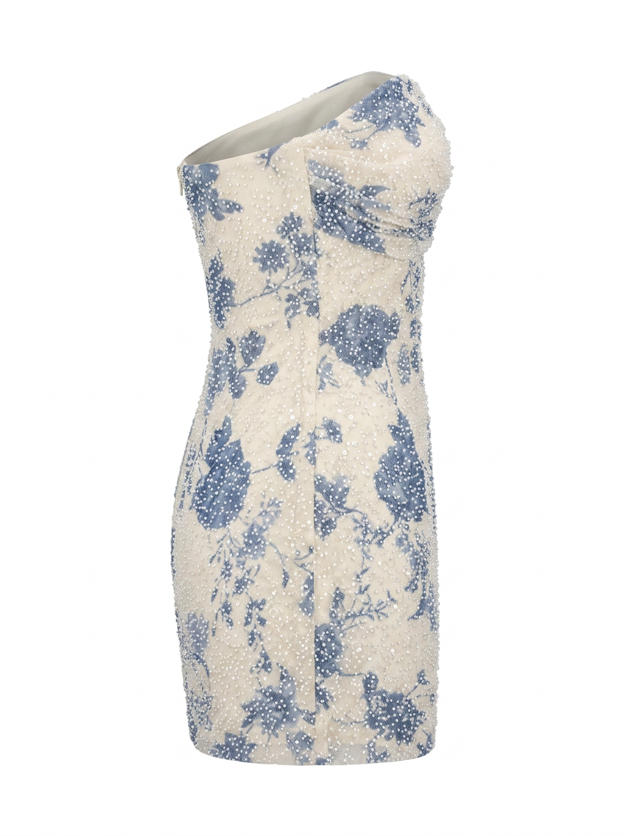 FLORAL BEADING PLEATED BUST BODYCON MINI DRESS