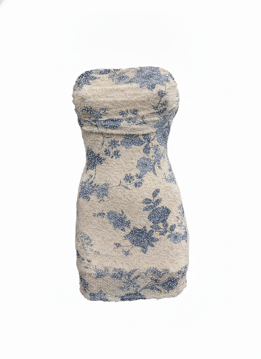 FLORAL BEADING PLEATED BUST BODYCON MINI DRESS