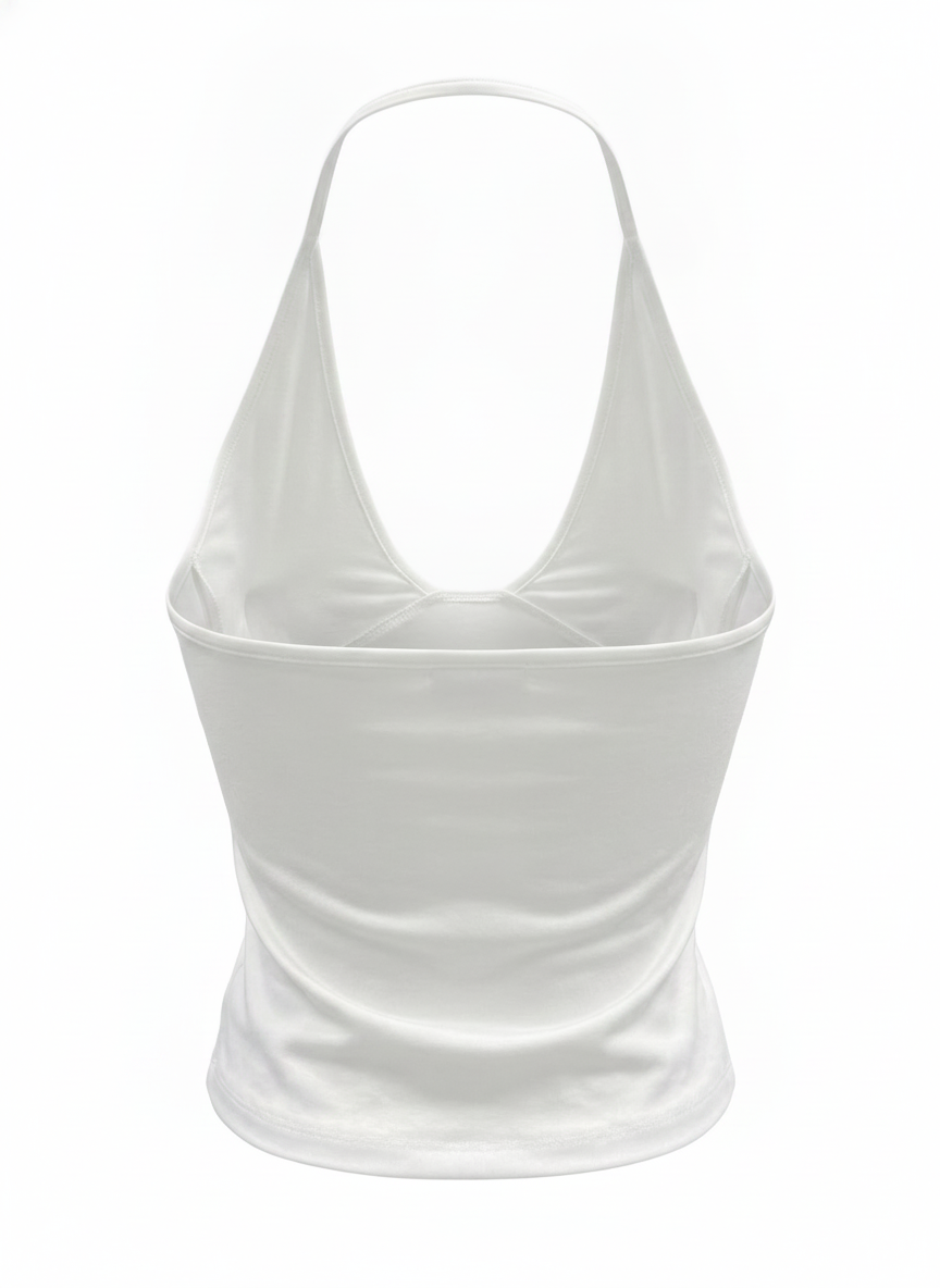 Ghost cut image of a white HALTER V NECK SOLID COLOR SLEEVELESS TOP on a white background.