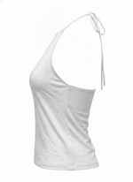 Ghost mannequin image of a white halter high neck sleeveless bodycon top on a white background. 