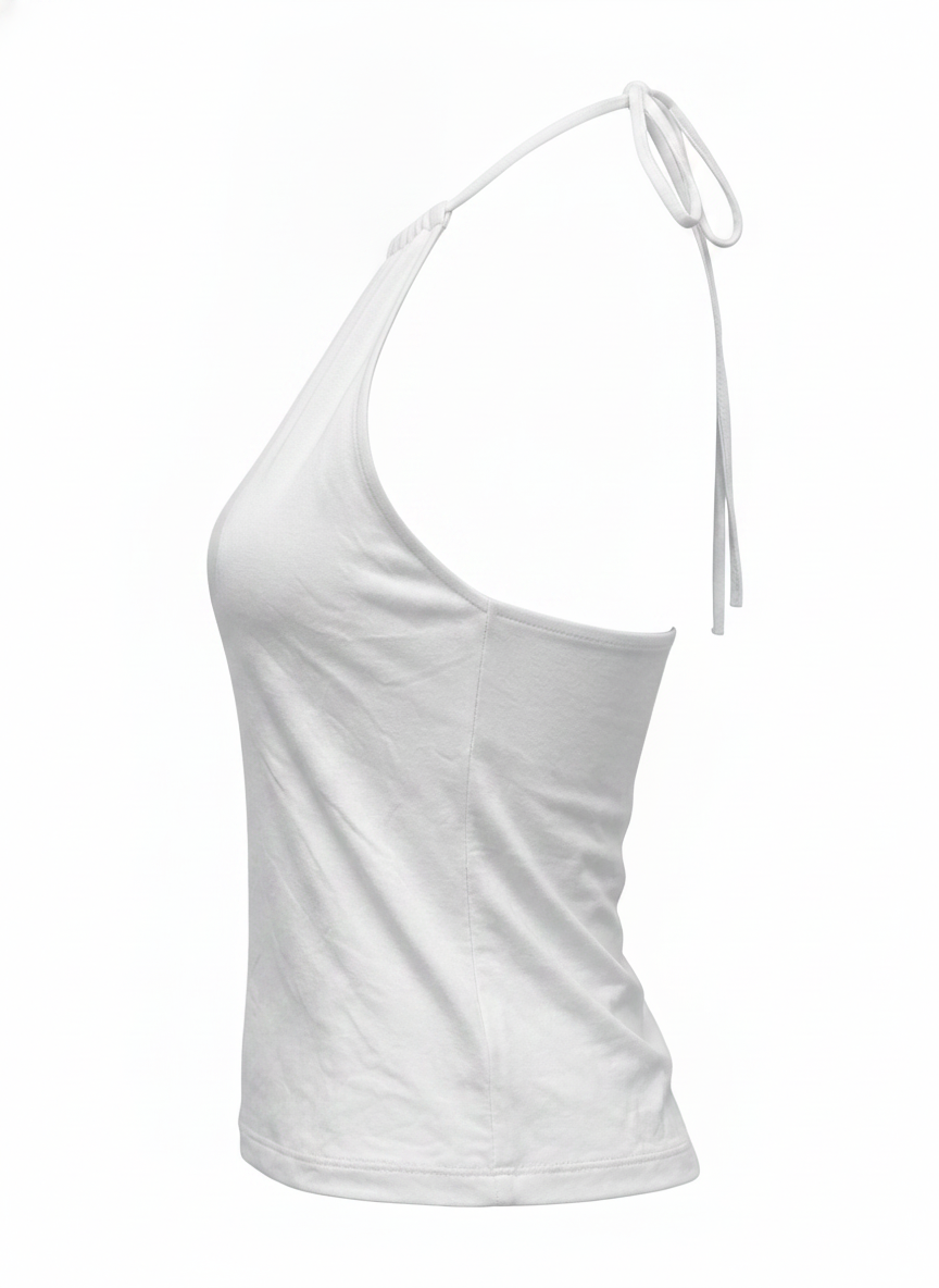 Ghost mannequin image of a white halter high neck sleeveless bodycon top on a white background. 