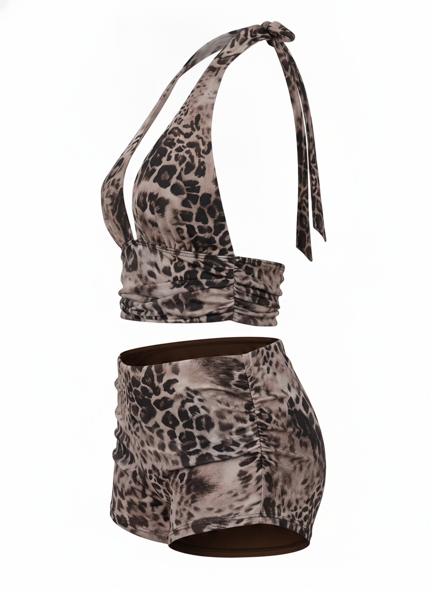 Ghost cut image of a brown LEOPARD HALTER TOP & FOLD OVER SHORT SET on a white background.