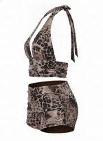 Ghost cut image of a brown LEOPARD HALTER TOP & FOLD OVER SHORT SET on a white background.