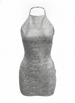METALLIC FOIL BANDAGE HALTER BODYCON MINI DRESS