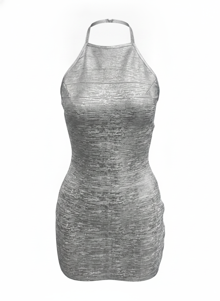 METALLIC FOIL BANDAGE HALTER BODYCON MINI DRESS