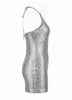 METALLIC FOIL BANDAGE HALTER BODYCON MINI DRESS