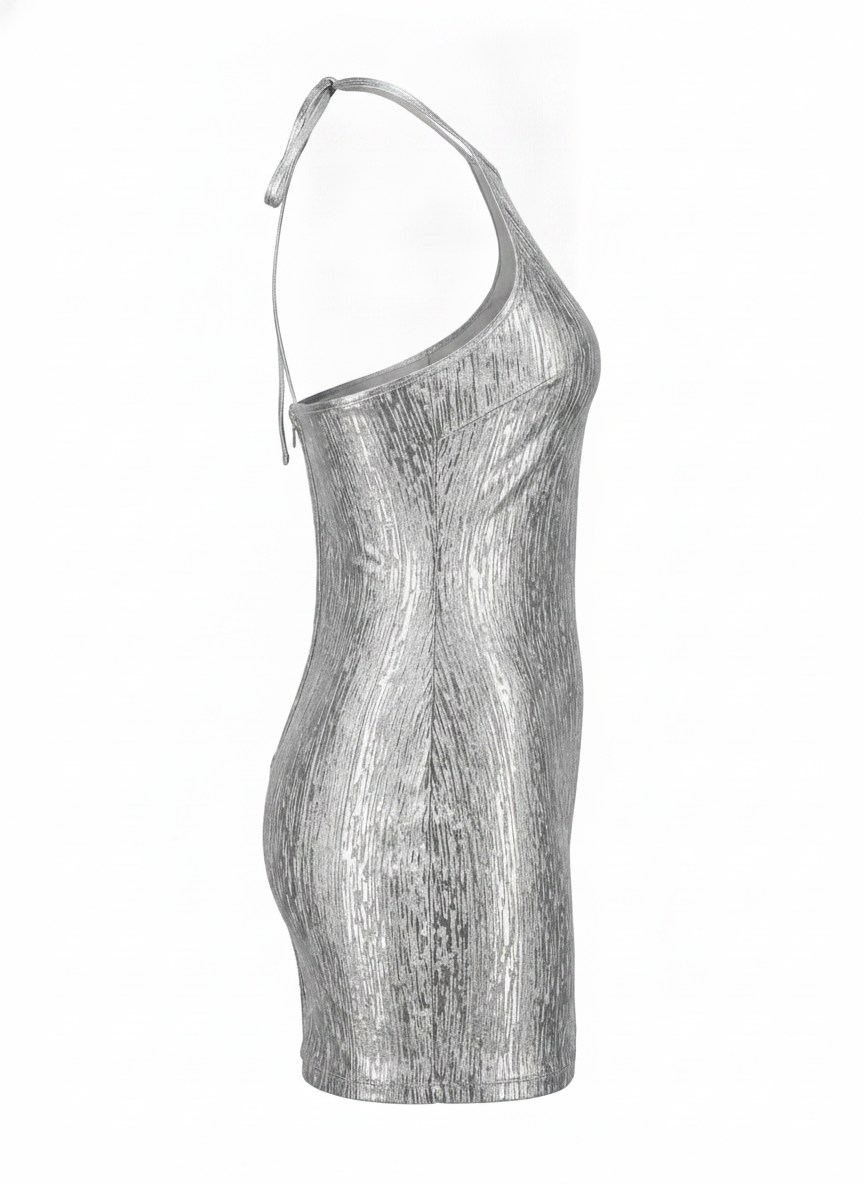 METALLIC FOIL BANDAGE HALTER BODYCON MINI DRESS