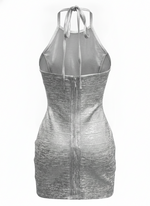 METALLIC FOIL BANDAGE HALTER BODYCON MINI DRESS