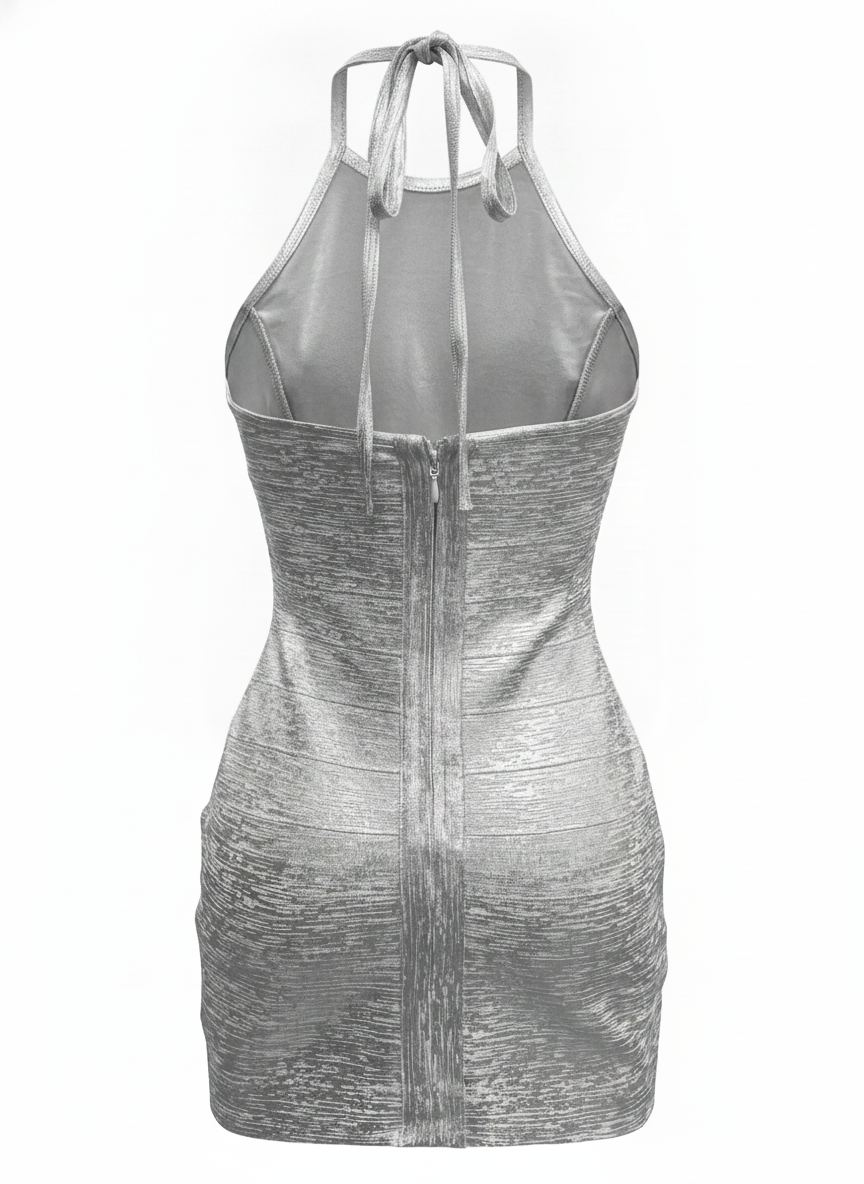 METALLIC FOIL BANDAGE HALTER BODYCON MINI DRESS
