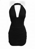 PLUNGE HALTER NECK RUCHED BODYCON MINI DRESS