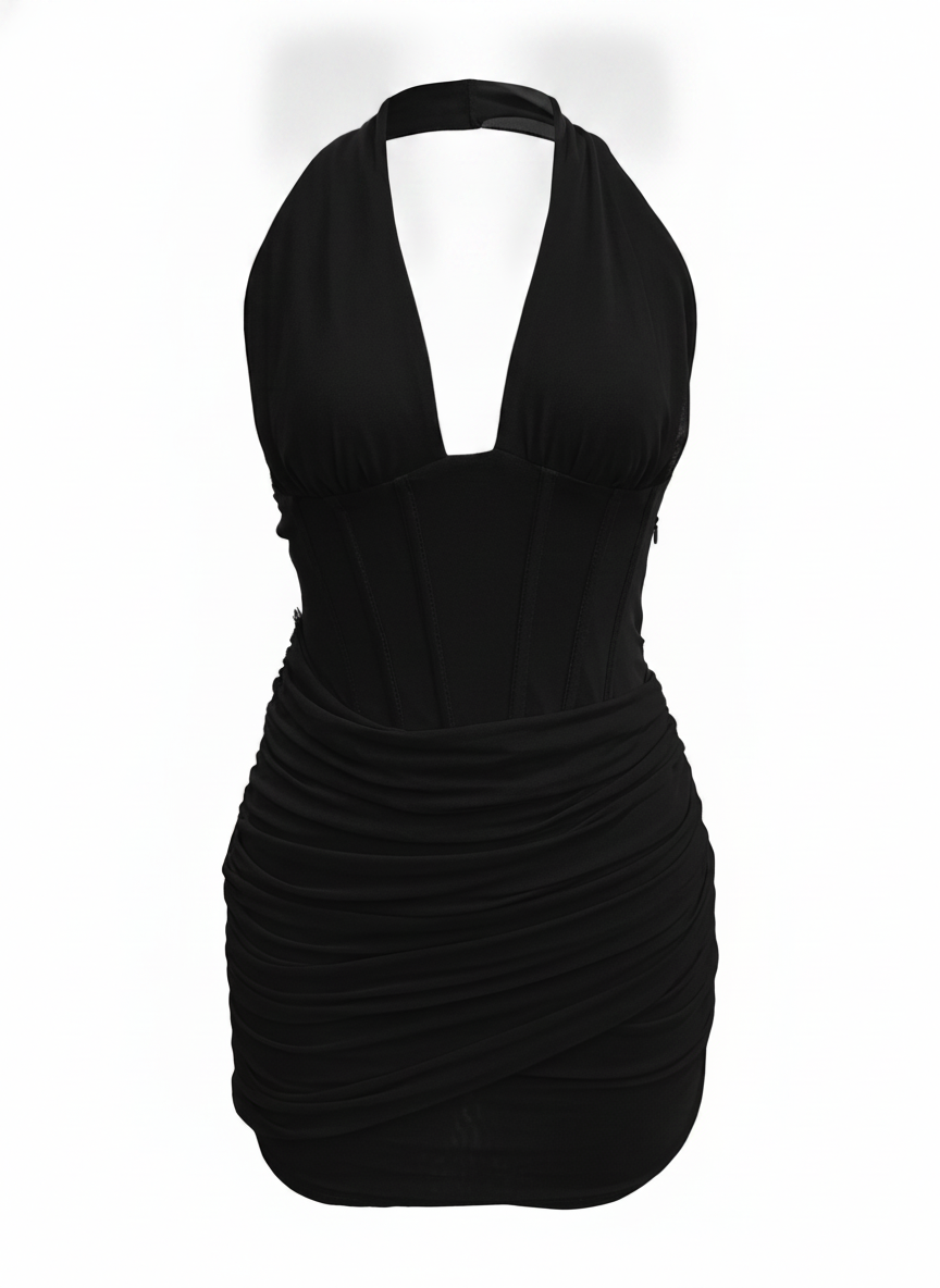 PLUNGE HALTER NECK RUCHED BODYCON MINI DRESS