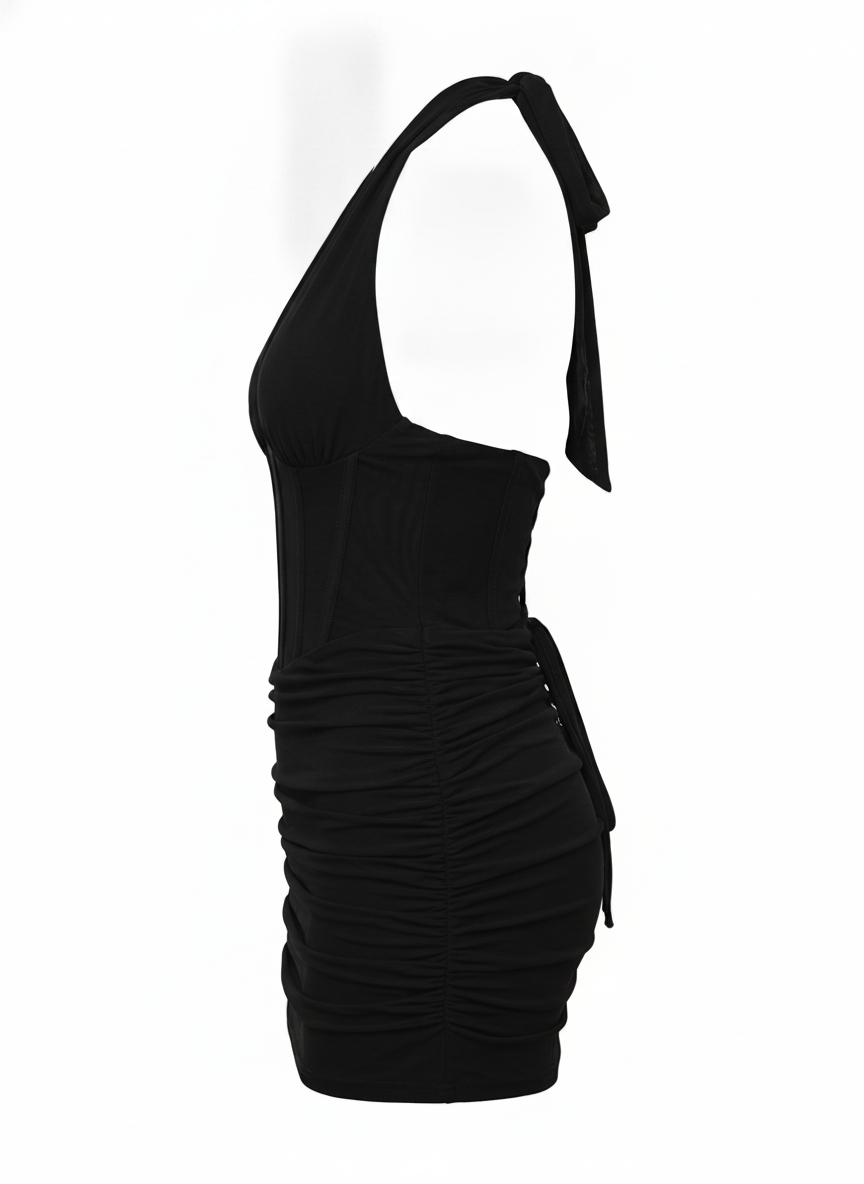 PLUNGE HALTER NECK RUCHED BODYCON MINI DRESS