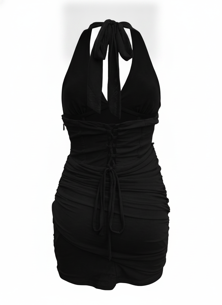 PLUNGE HALTER NECK RUCHED BODYCON MINI DRESS