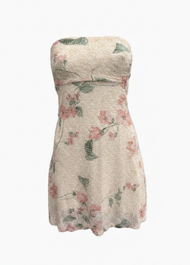 FLORAL BEADS & SEQUINS A LINE STRAPLESS MINI DRESS(8)