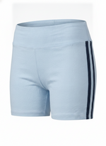 Ghost mannequin image of contrast side stripes elastic waist shorts featuring a pull-on fit in baby blue on a white background.